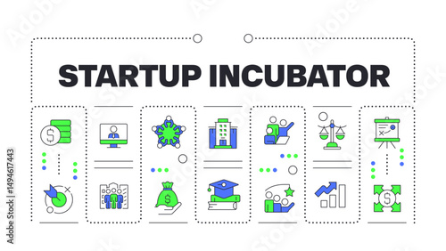 Startup incubator word concept isolated on white. Skill development, personal growth. Funding capital. Creative illustration banner surrounded by editable line colorful icons. Hubot Sans font used