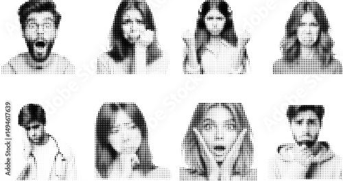 Set of emotions, in halftone dot drawing style. showing different facial expressions: surprise, sadness, anger, disappointment, fear, boredom, confusion and shock. Retro image in comic style. Vector