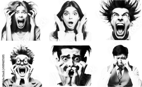 Set of emotions, in halftone dot drawing style. showing different facial expressions: surprise, sadness, anger, disappointment, fear, boredom, confusion and shock. Retro image in comic style. Vector