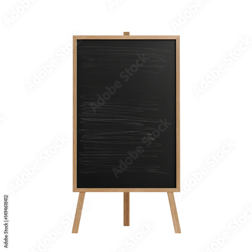 Empty blackboard on a wooden easel with scribbled lines on black background