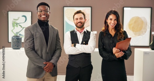 Принти на полотні Portrait, men and woman with smile in art gallery, curator and colleagues with pride for exhibition
