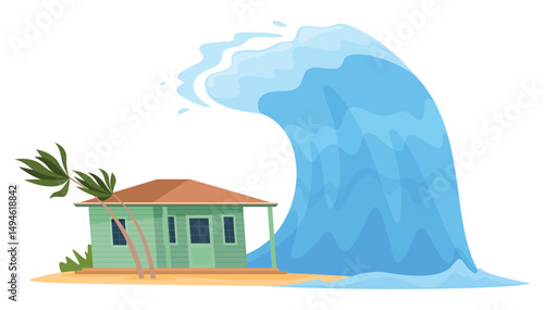 An illustration of a coastal home being hit by a massive tsunami wave, highlighting the destructive power of natural disasters.