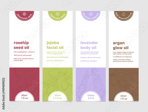Cosmetic oil labels showcasing natural ingredients for skincare in a minimalist design suitable for wellness products