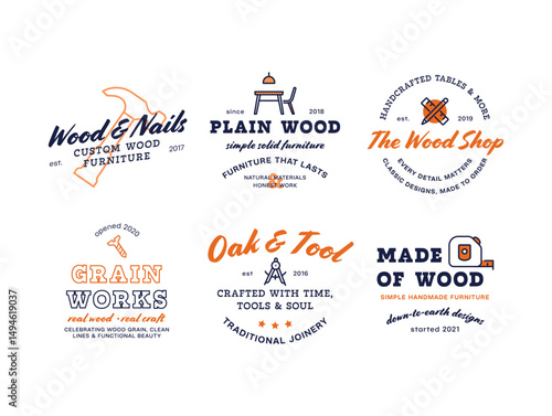 A set of logos representing wooden furniture workshops, demonstrating craftsmanship and creativity in design and style for custom pieces.