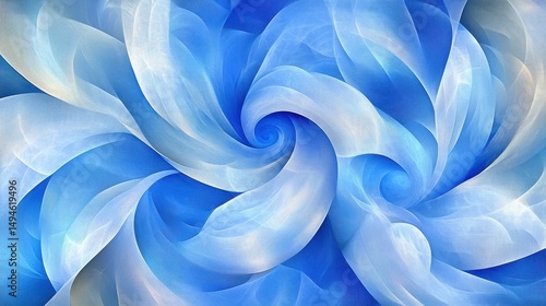 Abstract swirling fractal artwork in shades of blue and white, resembling flowing fabric or petals forming a vortex