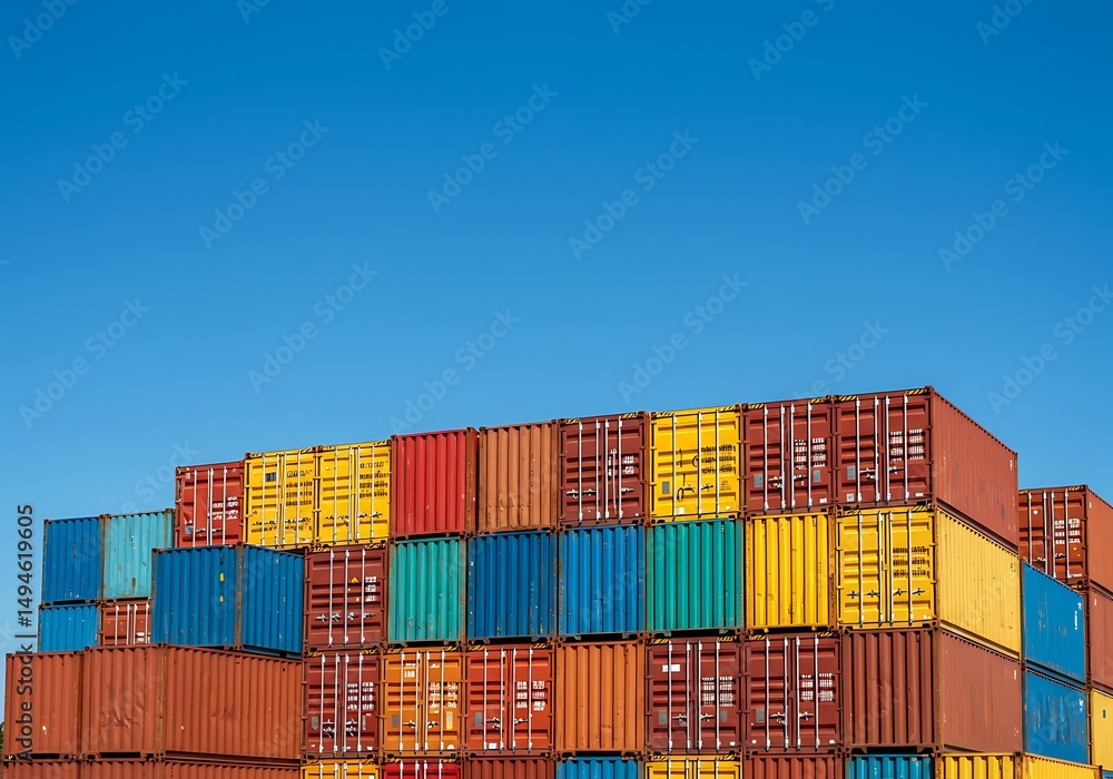 Stacked shipping containers in vibrant colors against a clear blue sky Stacked shipping containers in vibrant colors against a clear blue sky