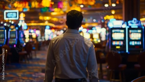 Man walking through vibrant casino amidst blinking slot machines and tables