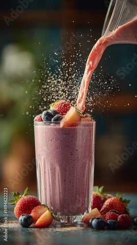 Pouring a berry smoothie into a glass with strawberries and blueberries on a wooden table surface top