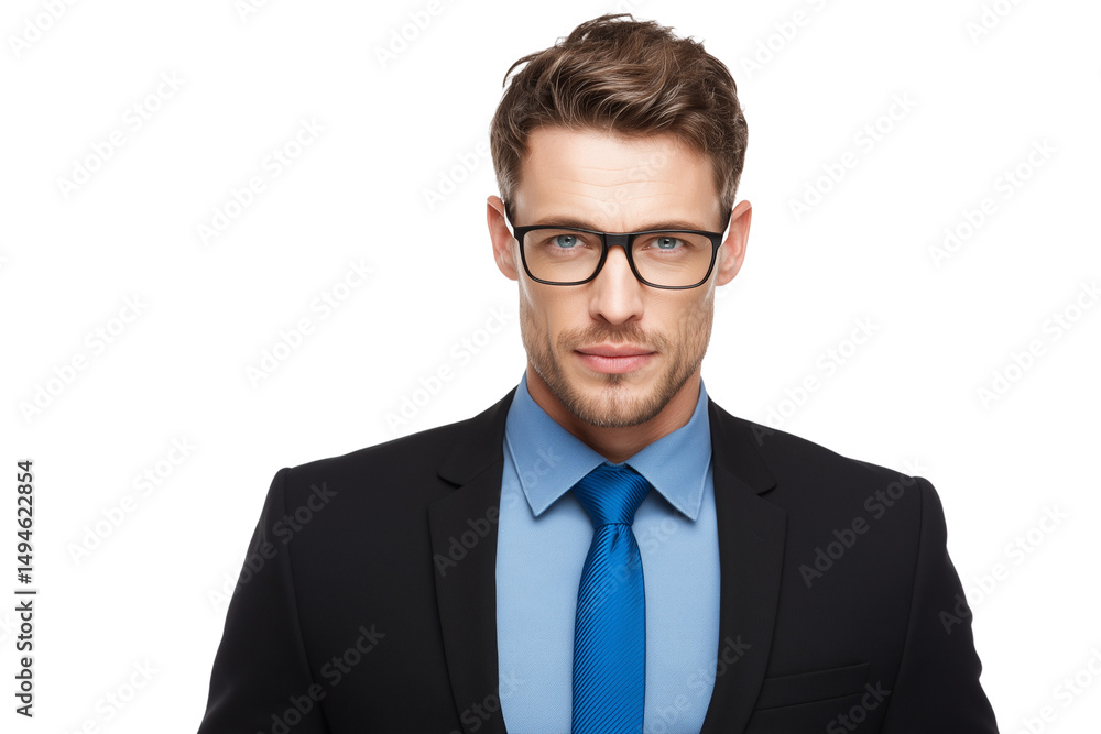 Confident businessman in a suit and tie, wearing glasses, ready for a meeting or presentation. Confident businessman in a suit and tie, wearing glasses, ready for a meeting or presentation.
