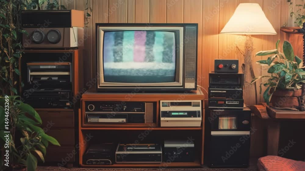 Vintage tv static in retro living room with flickering lamp and houseplants