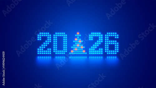 2026 digits, Christmas tree consist glowing pixels in technology style on blue background. New Year card or digital tech calendar poster. Logo of 2026 year hanging over reflection polished surface.