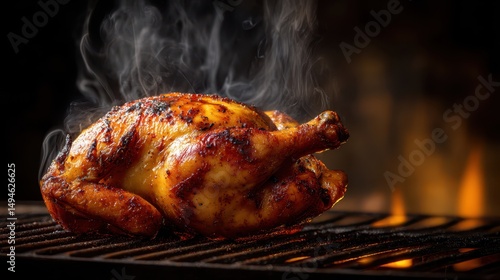 Succulent roasted chicken sizzling on the grill with smoke