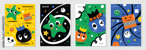 Kids and children cover design vector. Fun Childish hand drawn doodle design background with geometric funny, star. Playful poster design for packaging, education, wallpaper and print.