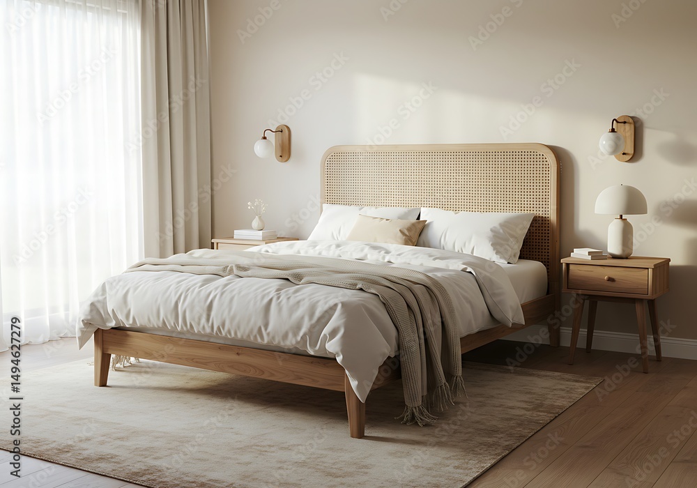 Serene Cane Bed: Minimalist Bedroom with Natural Light Serene Cane Bed: Minimalist Bedroom with Natural Light