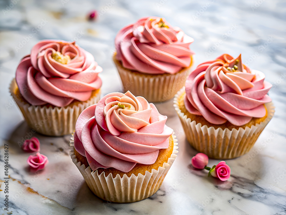 Delightful Pink Rose Cupcakes. Perfect for Celebrations and Sweet Moments. Delicious food background Delightful Pink Rose Cupcakes. Perfect for Celebrations and Sweet Moments. Delicious food background