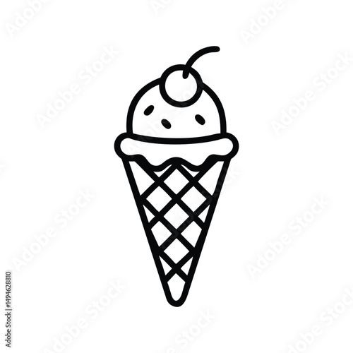 A black and white line art illustration of an ice cream cone with a scoop of ice cream and a cherry on top.