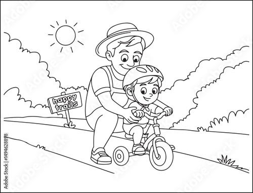 Father Helping Child Ride Tricycle Happy Trails Coloring Page