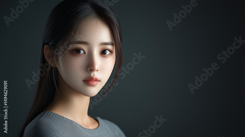Young Korean woman with long hair posing in soft lighting against a dark background, showcasing a serene expression and natural beauty