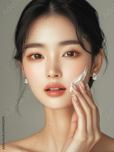 Korean woman applying skincare product with elegance in a neutral-toned setting during a beauty routine