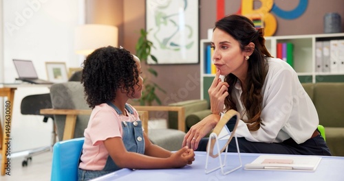 Mirror, speech therapy and help with woman and girl for language assessment, sound and teaching. Tongue placement, child development and phonics exam with therapist and kid for education consulting