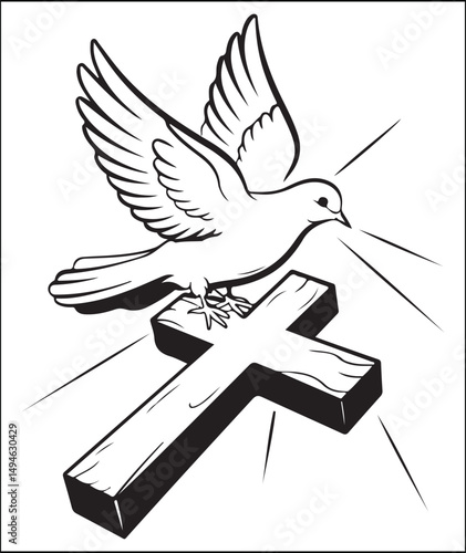 Dove Descending on Wooden Cross Religious Illustration