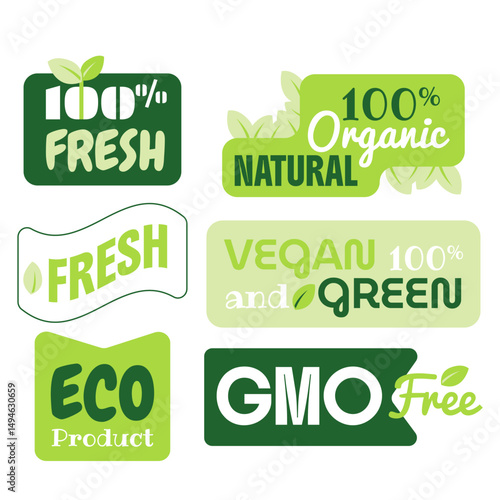 Eco, organic natural food stickers and natural product icons and elements for food market, organic products packaging, ecommerce. Ecology labels set. Vegan food diet icon, bio and healthy food.
