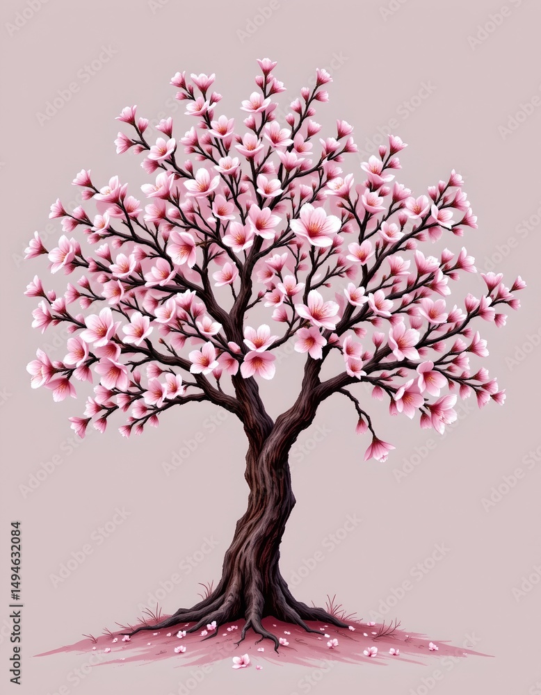 Obraz premium Lush cherry blossom tree in full bloom serene garden illustration tranquil environment artistic viewpoint nature concept