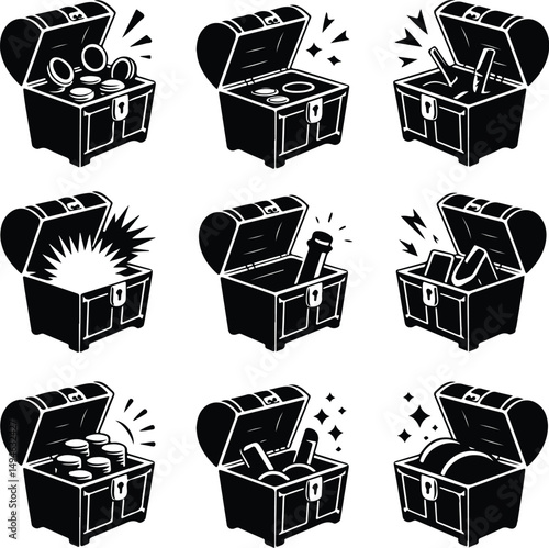 Wooden Chest Silhouette Set – Vintage Treasure Box Icons Collection Chest Box Vector Set – Wooden Silhouette Icons for Pirates & Storage