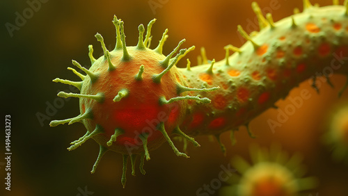 Wallpaper Mural Bacillus gripped by hooked viruses, glowing microscopic conflict, HD scientific illustration. Torontodigital.ca