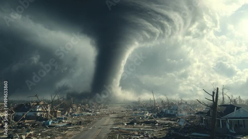 Wallpaper Mural The Tornado's Fury: A colossal tornado tears through a ravaged landscape, a symbol of nature's destructive power, captured in a dramatic, high-angle view Torontodigital.ca