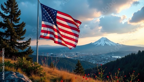 American flag waving over Washington State landscape, american, symbol, landscape