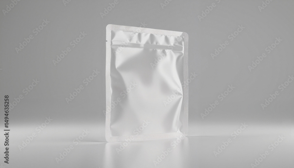 Empty white packaging pouch on minimalist grey background Empty white packaging pouch on minimalist grey background