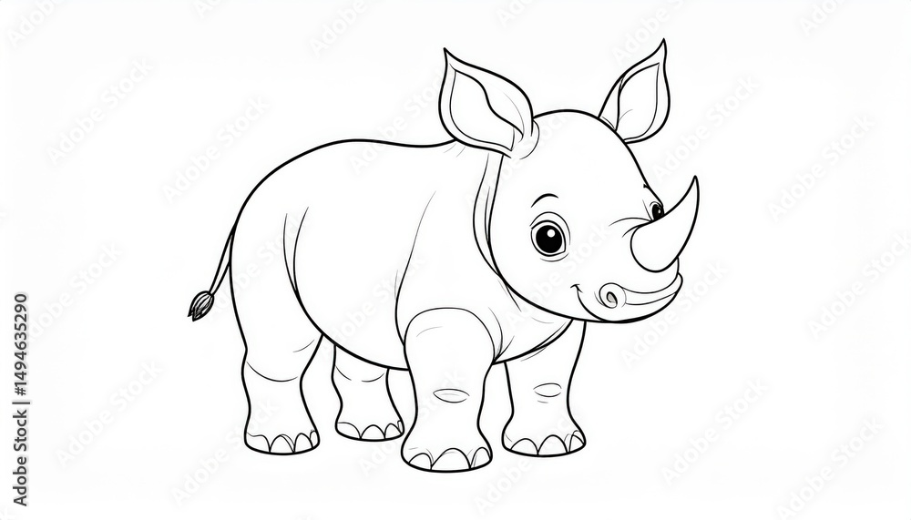 Fototapeta premium Outlined drawing of a cheerful young rhinoceros.