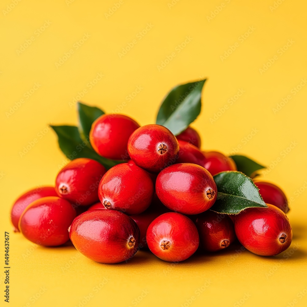 Obraz premium Pile of Fresh Red Cranberries with Green Leaves Isolated on a Vibrant Yellow Background.