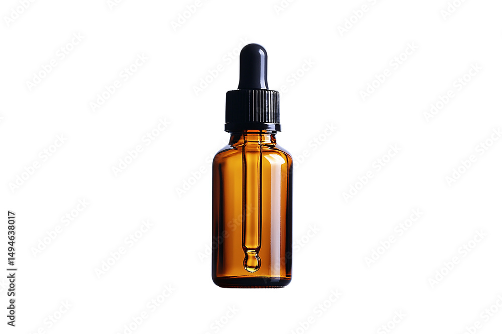 Amber glass dropper bottle with black cap, perfect for essential oils or serums, isolated on a transparent background