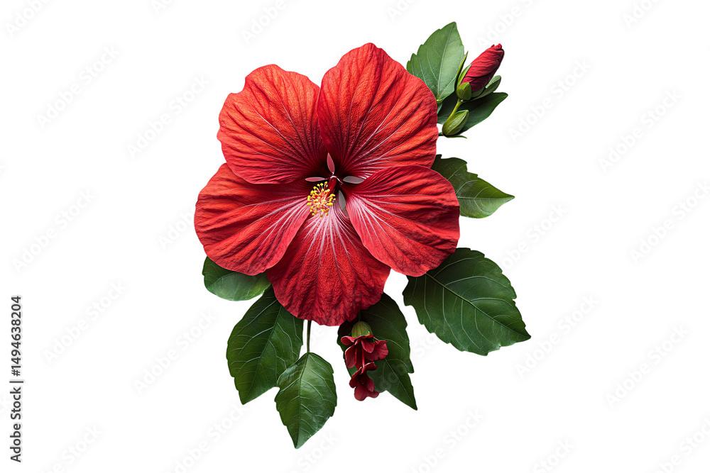 Bright red hibiscus flower with white striations and yellow stamen, accompanied by buds, isolated on a transparent background