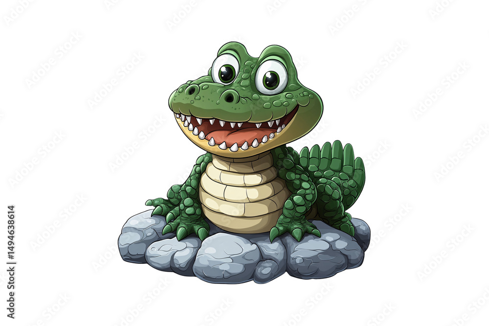 Cartoon alligator with wide smile sitting on gray stones, isolated on a transparent background
