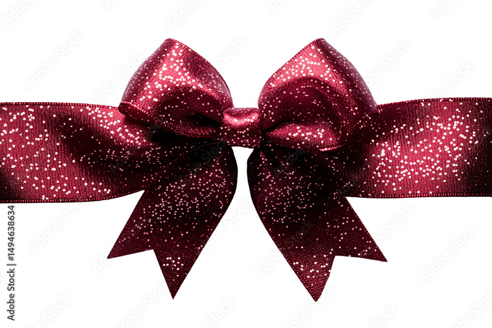 Burgundy satin ribbon bow with white sparkly pattern throughout, isolated on a transparent background