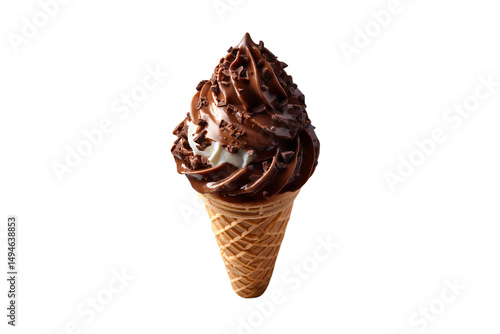 Chocolate and vanilla swirl with chocolate sprinkles in waffle cone, cleverly designed, isolated on a transparent background