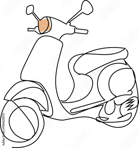 single line drawing of classic motor scooter isolated on white background, line art vector illustration