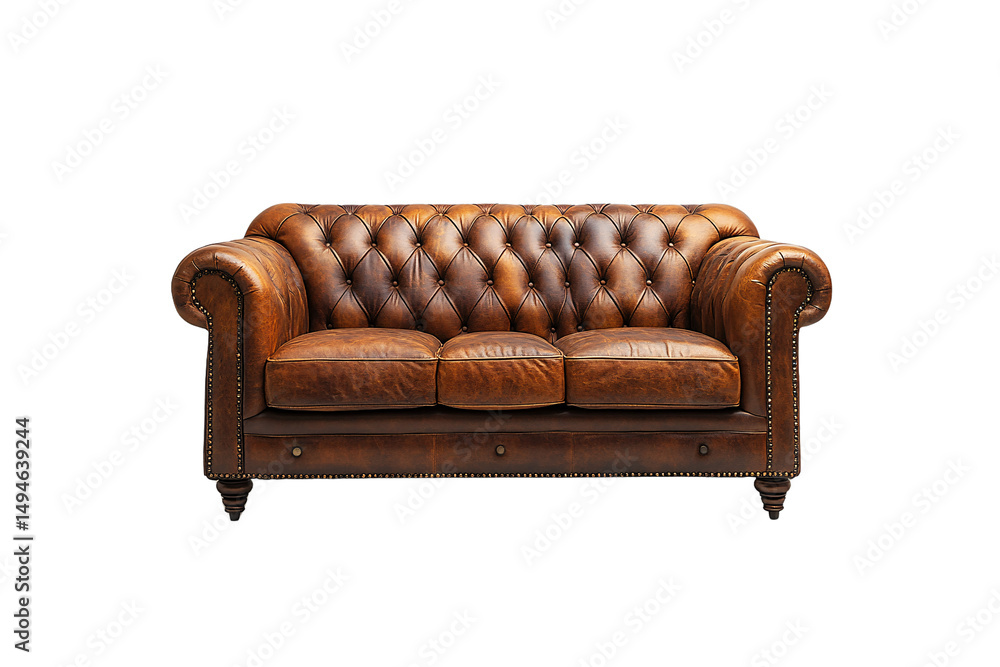 Classic Chesterfield-style leather sofa with tufted back and three cushions, isolated on a transparent background
