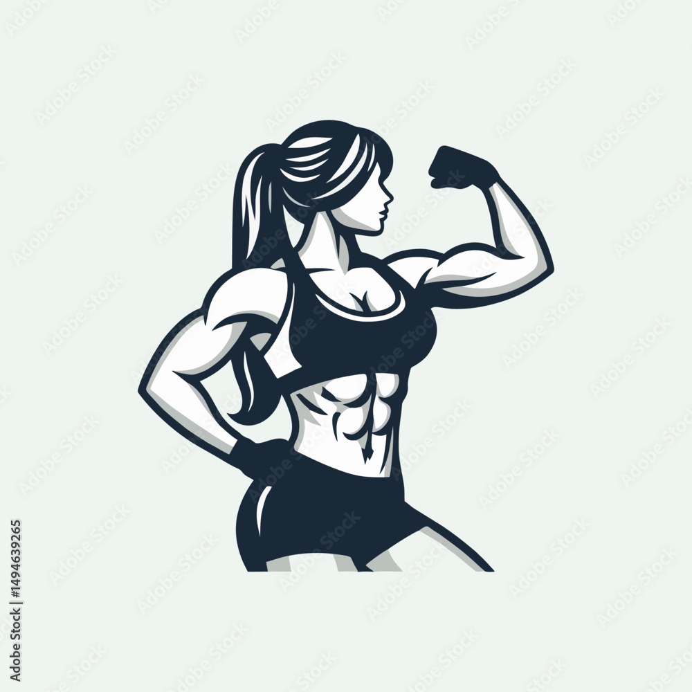 Obraz premium Minimal Line Art Style Bodybuilder Female Standing in Confident Pose Showing Muscles Athletic Fitness Model with Six Pack Abs Gym Concept Design for Sports Branding Poster Web Advertising Project