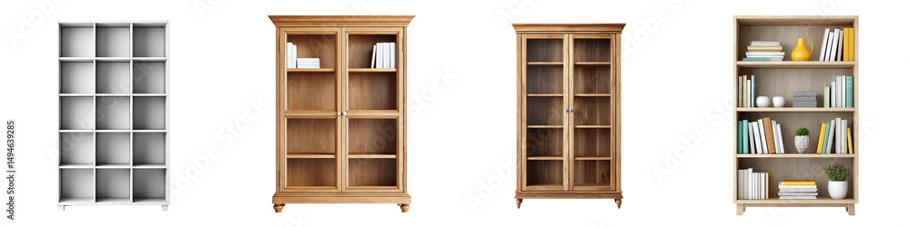 Various shelving units and storage cabinets for organizing and displaying books and decor Various shelving units and storage cabinets for organizing and displaying books and decor