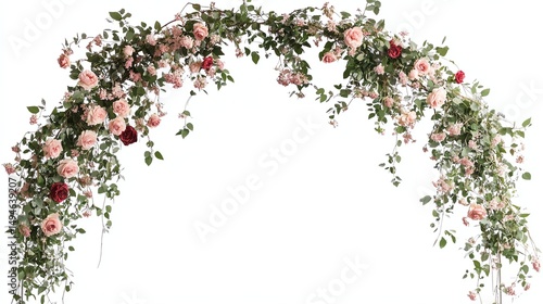Rose arch with pink and red flowers, white isolated background.