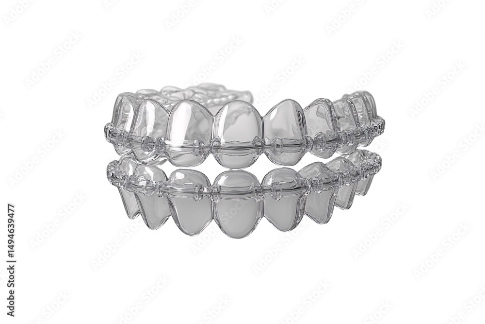 Clear plastic dental aligners showing upper and lower teeth straightening trays, isolated on a transparent background Clear plastic dental aligners showing upper and lower teeth straightening trays, isolated on a transparent background