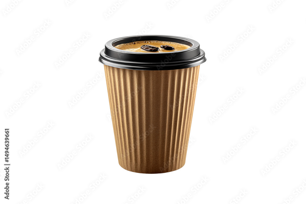 Coffee cup with visible espresso and floating coffee beans on creamy surface, isolated on a transparent background