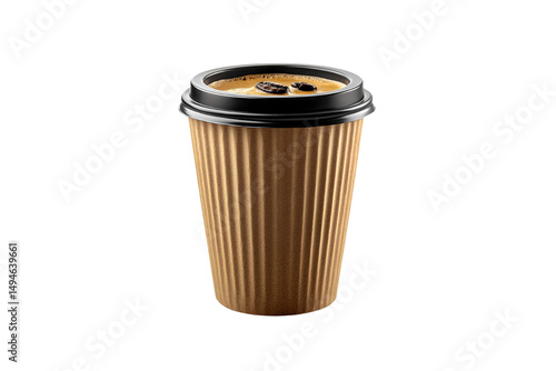 Obraz na płótnie Coffee cup with visible espresso and floating coffee beans on creamy surface, isolated on a transparent background w salonie