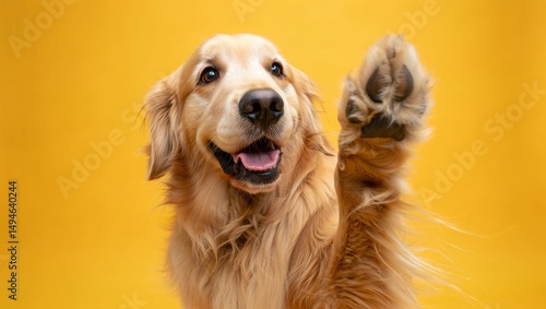 Happy Golden Retriever Lifting Paw Playfully Against Yellow Background