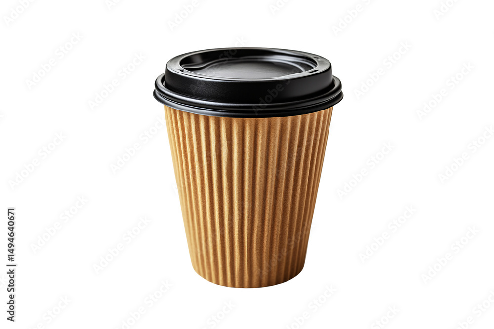 Empty rippled brown paper coffee cup with black plastic lid, ready for beverage, isolated on a transparent background