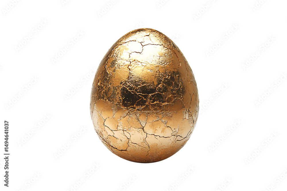 Golden egg with cracked texture and metallic shine reflecting light dramatically, isolated on a transparent background